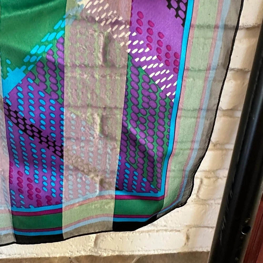 Vintage Silk Chiffon Scarf 80s‎ 90s Geometric Abstract Dot Purple Green Blue